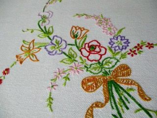 Vintage Tablecloth Hand Embroidered With Bouquets Of Flowers