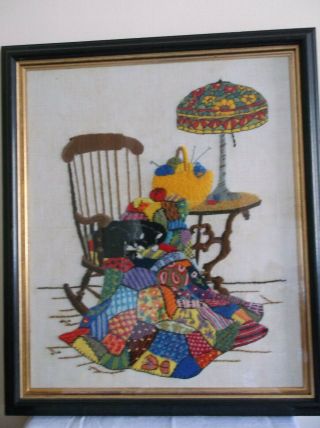 Framed Art/craft Multi - Colour Vintage Wool Hand Embroidered Cat On A Chair
