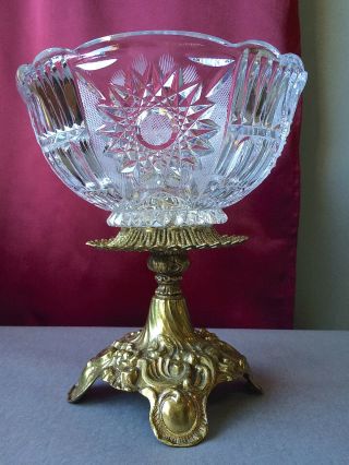 Vintage Cut Crystal Center Bowl On Brass Pedestal 8 7/8 " Tall