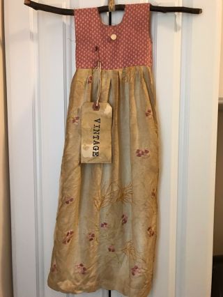 Primitive Hanging Dress Decor Vintage Linen Flower Embroidery Tag Folk Art