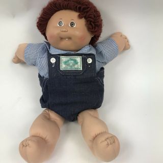 Vintage Cabbage Patch Doll Boy Red Curly Hair Brown Eyes Blue Jean Overalls 1985
