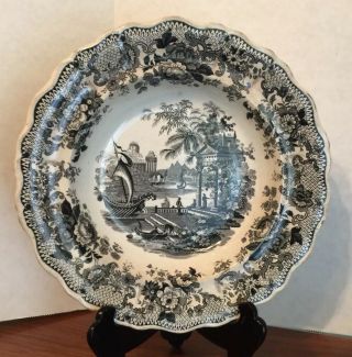Antique T Mayer Black Transferware Flat Rim Soup Bowl Oriental Scenery 1820s
