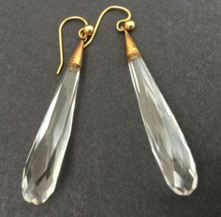 Stunning Antique Victorian 9ct Gold Faceted Rock Crystal Drop Dangle Earrings