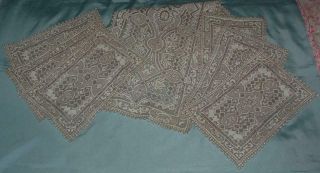 Antique Heavily Embroidered Cutwork Linen Runner & 6 Place Mats Grey White 1930s