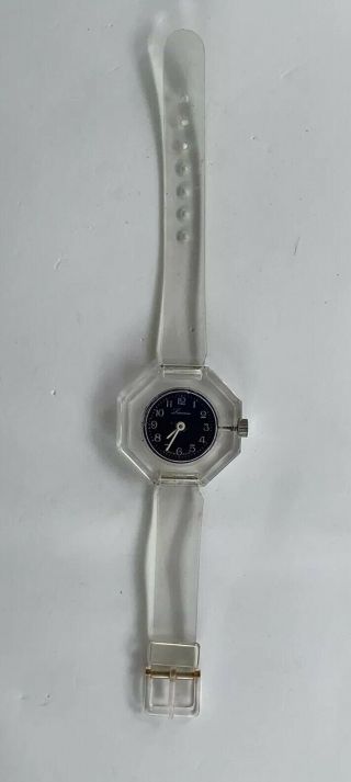 Vintage Lucerne Clear Octagon Lucite Watch Blue Face Swiss Made Mechanical Runs