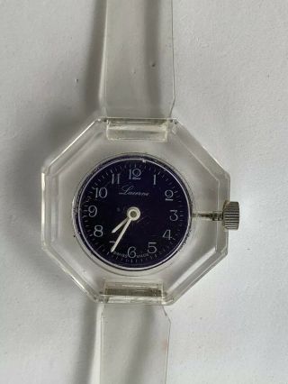 Vintage Lucerne Clear Octagon Lucite Watch Blue Face Swiss Made Mechanical Runs 2