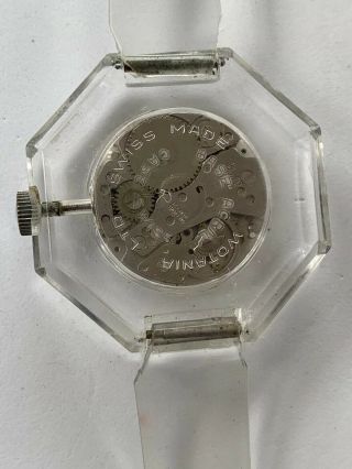 Vintage Lucerne Clear Octagon Lucite Watch Blue Face Swiss Made Mechanical Runs 4