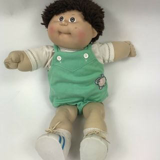Vintage Cabbage Patch Doll Boy Brown Hair Brown Eyes Green Elephant Outfit 1985
