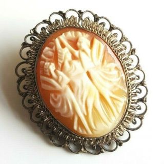 Antique 800 Silver Filigree 3 Graces Real Shell Cameo Brooch Pendant