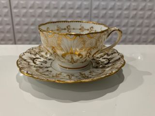 Antique English Cauldon Porcelain Cup & Saucer W// White & Gold Decoration