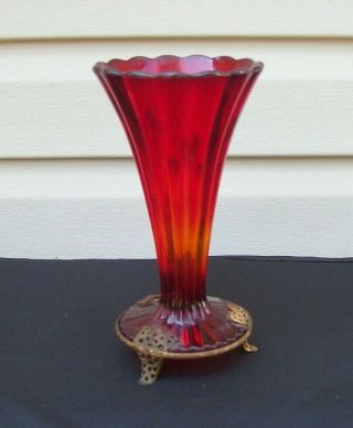Antique Vintage Art Nouveau Amberina Glass Vase W/ Metal Filigree Base