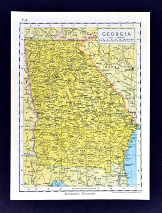 C 1925 Encyclopedia Britannica Map - Georgia - Atlanta Athens Savannah Columbus