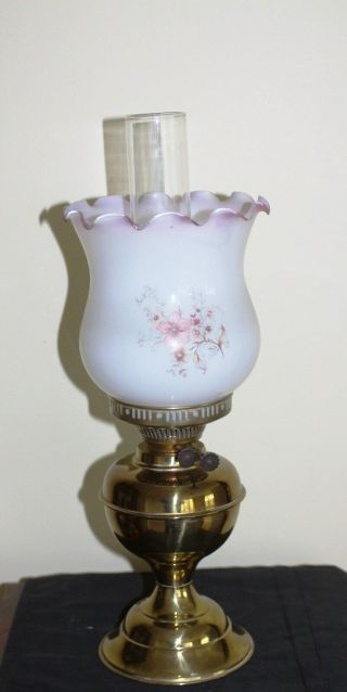 Duplex Brass Oil Lamp With Glass Chimney And Floral Shade