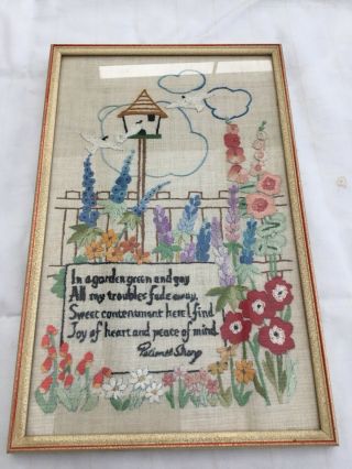 Vintage 1930s Needlepoint Tapestry Framed Art Picture Garden By Patience Strong