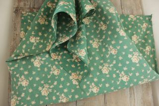 Green Fabric Antique French Material Rose Pattern Lovely Old Cotton Textile