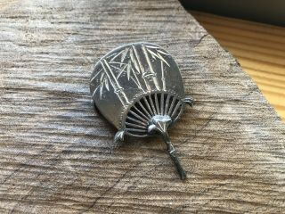 Vintage Antique Sterling Silver Ornate Engraved Bamboo Asian Fan Pin Brooch