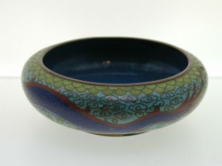 Vintage Chinese Cloisonne Brass And Enamel Bowl 98.  5mm Dragon Blues Greens Cloud