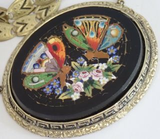 Antique Art Deco Gilt Brass Enamel Czech Glass Micro Mosaic Butterfly Necklace