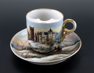 Antique C1890 Porcelain Castle On Wintery Lake Mustache Tea Cup & Saucer