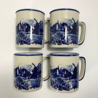 Antique Delftware Blue Coffee/tea Mugs,  Dutch Colonial Design (set Of 4)