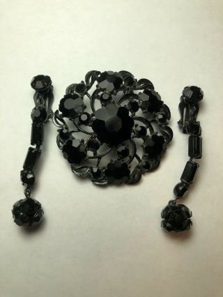 Antique Weiss Vintage Brooch Earring Set Black Costume Jewelry Victorian Deco 