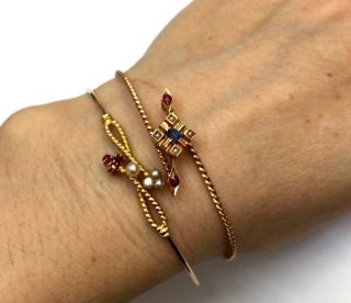 Unique Antique Victorian 14k Gold Natural Ruby Pearl Bangle Bracelet Hallmarked
