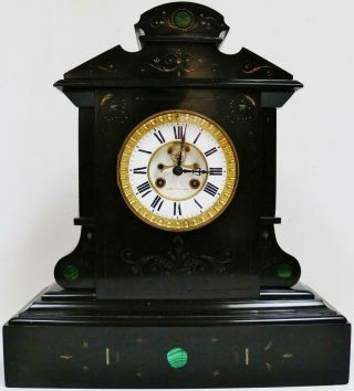 Antique French 8 Day Slate Marble Striking Mantel Clock Malachite Inlay
