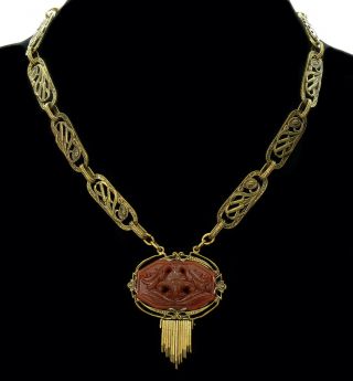 Antique Arts & Crafts Czech Carnelian Glass Floral Brass Chain Necklace