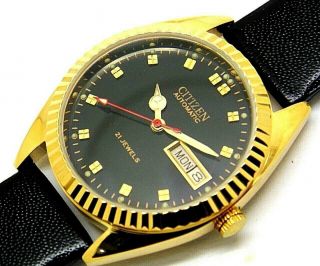 Citizen Automatic Men 21j Gold Plated Black Dial Day Date Vintage Japan Watch