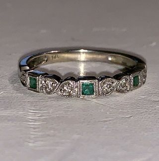 Antique 14k Gold 0.  25 Tcw Diamonds And Emeralds Band Ring Sz 8.  5
