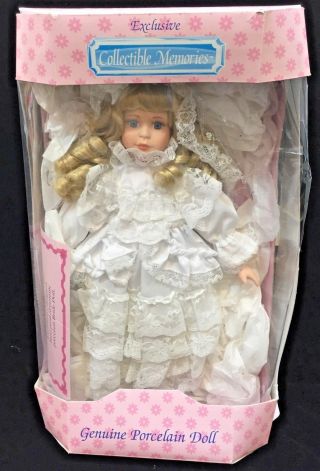Porcelain Bride Doll Collectible Memories Wedding Blond Blue Eyes Vintage 1995