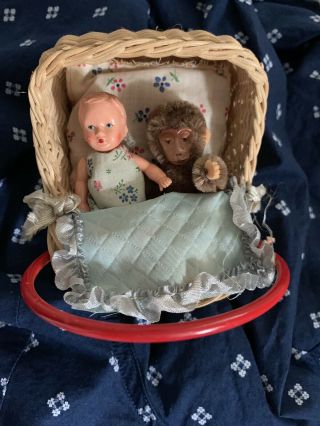 Antique German Wicker Doll Pram With Baby & Monkey