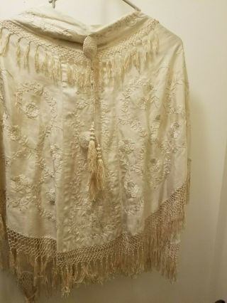 Antique Victorian Chinese Silk Embroidered Piano Shawl W/ Fringe