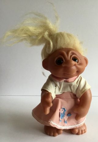 Vtg 1977 Thomas Dam Troll Doll 9” Made In Denmark Norfin Pink Poodle Skirt Girl