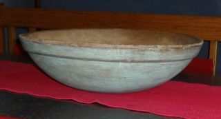 Huge 21 " Early Wooden Dough/bread Bowl - Great Patina - Blue Paint