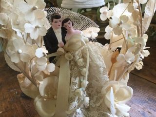 Antique Vintage 1930 - 40 ' s wedding bridal cake topper silk flowers bell lace 2