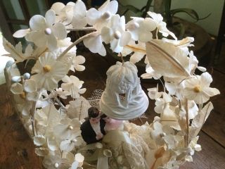 Antique Vintage 1930 - 40 ' s wedding bridal cake topper silk flowers bell lace 4