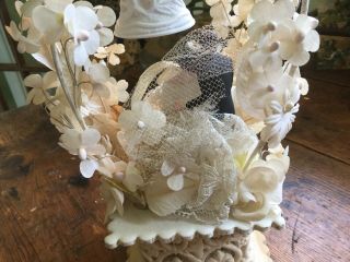 Antique Vintage 1930 - 40 ' s wedding bridal cake topper silk flowers bell lace 7