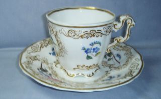 QUALITY ANTIQUE COPELAND & GARRETT TALL CUP & SAUCER H/PAINTED FLOWERS C1840 2