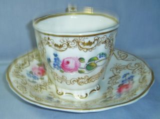 QUALITY ANTIQUE COPELAND & GARRETT TALL CUP & SAUCER H/PAINTED FLOWERS C1840 3