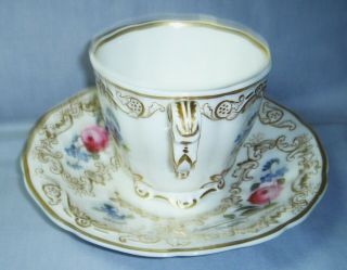 QUALITY ANTIQUE COPELAND & GARRETT TALL CUP & SAUCER H/PAINTED FLOWERS C1840 5
