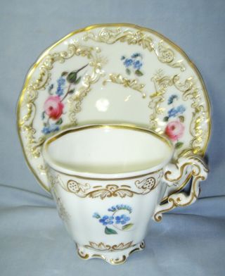 QUALITY ANTIQUE COPELAND & GARRETT TALL CUP & SAUCER H/PAINTED FLOWERS C1840 7