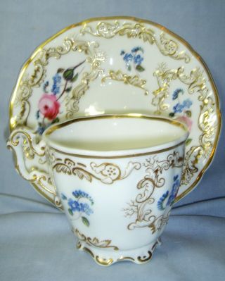 QUALITY ANTIQUE COPELAND & GARRETT TALL CUP & SAUCER H/PAINTED FLOWERS C1840 8