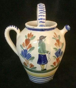Antique Quimper Faience Tin Glazed Oil Jar With Petit Breton Man Decoration