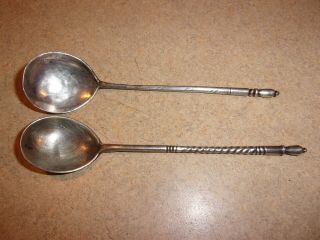 2 - Antique Russian 84 Sterling Engraved Bowl Spoons 1 Twisted 19th.  Cent.