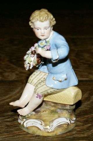 Antique Meissen Porcelain Figurine Young Seated Boy Flowers 4.  75 " H