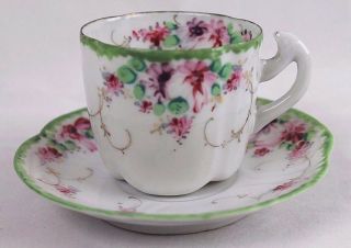 Vintage/antique Hand Painted Pink/purple Floral Porcelain Tea Cup & Saucer
