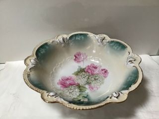 Antique Rs Prussia Red Mark Ornate Serving Bowl Hd Paint Roses/hydrangeas Gold