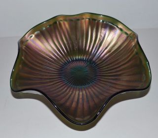 Fenton Stippled Rays Green Carnival Glass Dish Bowl Footed 1907 Antique