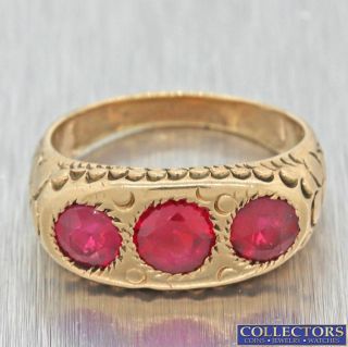 1880 Antique Victorian 14k Rose Gold Synthetic Ruby 3 Stone Gypsy Band Ring Y8